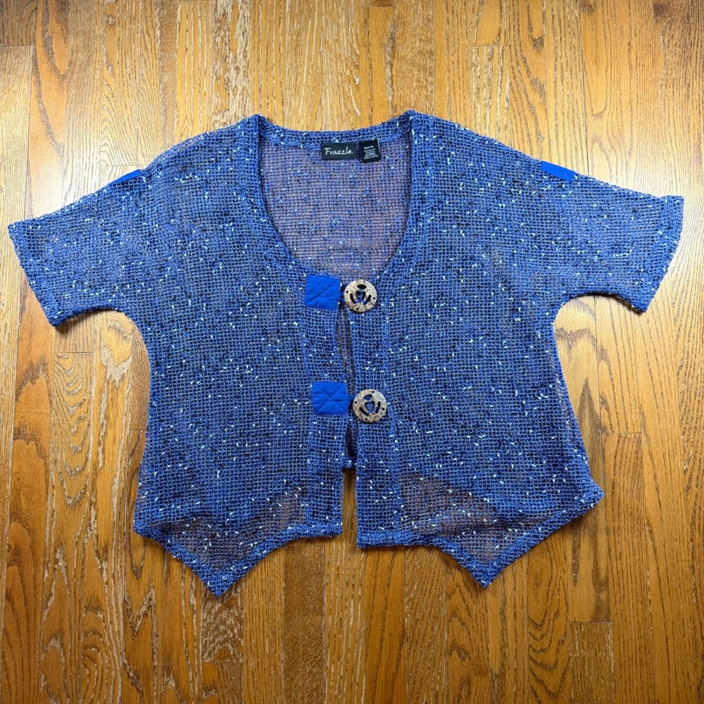Fisherman Crochet Open Knit Cardigan Short Sleeve Button Front XL Coastal Blue